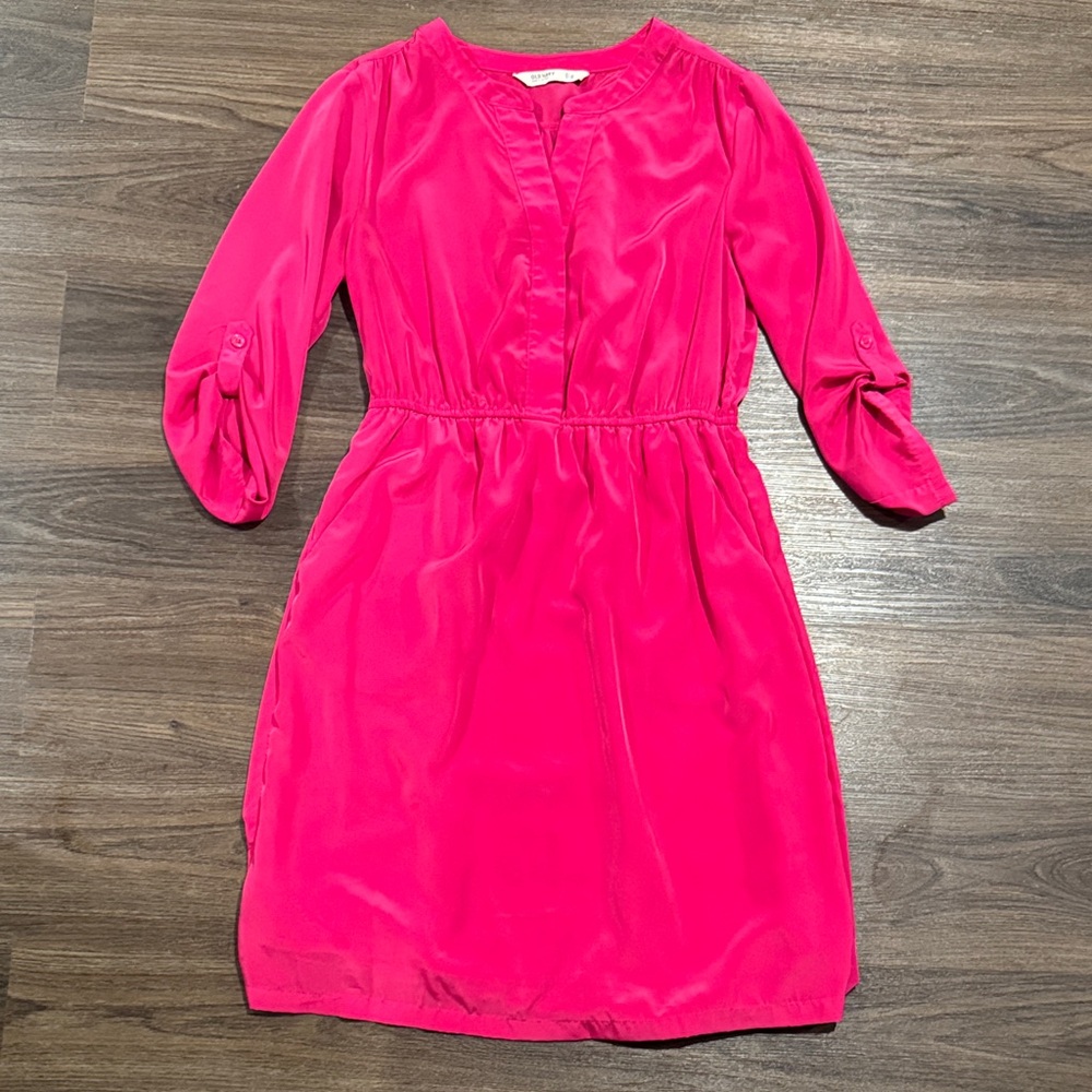 Vibrant Pink Dress with 3/4 Sleeves and Pockets Small